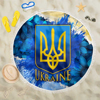 Trident Emblem Ukraine Beach Blanket with Blue Sunflowers and Flag Colors Design
