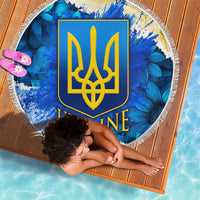 Trident Emblem Ukraine Beach Blanket with Blue Sunflowers and Flag Colors Design