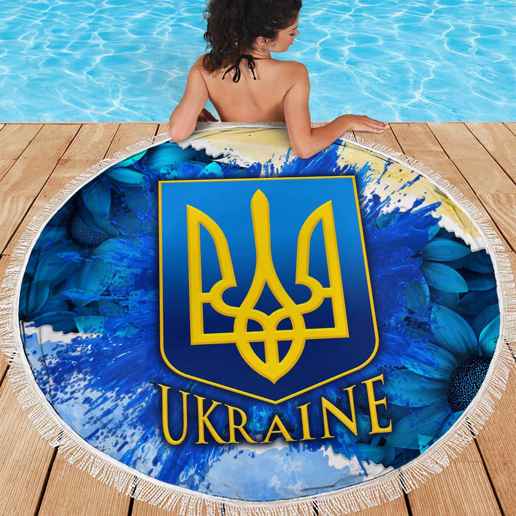Trident Emblem Ukraine Beach Blanket with Blue Sunflowers and Flag Colors Design