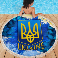 Trident Emblem Ukraine Beach Blanket with Blue Sunflowers and Flag Colors Design