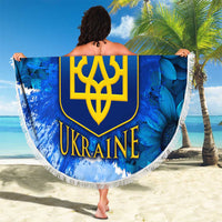 Trident Emblem Ukraine Beach Blanket with Blue Sunflowers and Flag Colors Design
