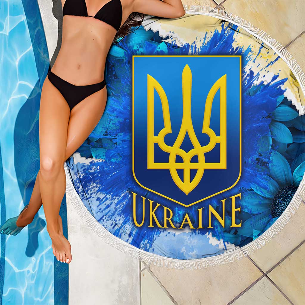 Trident Emblem Ukraine Beach Blanket with Blue Sunflowers and Flag Colors Design