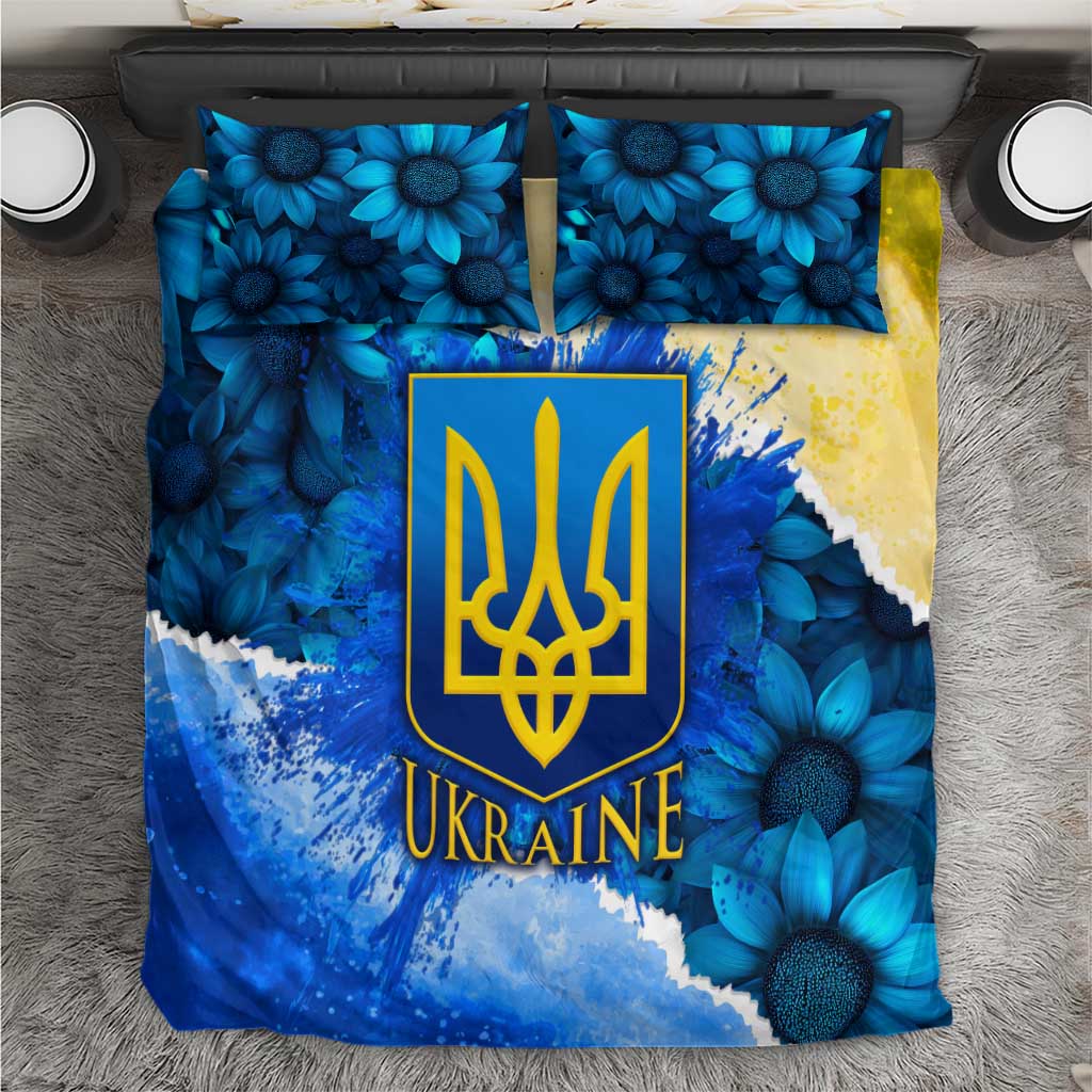 Trident Emblem Ukraine Bedding Set with Blue Sunflowers and Flag Colors Design