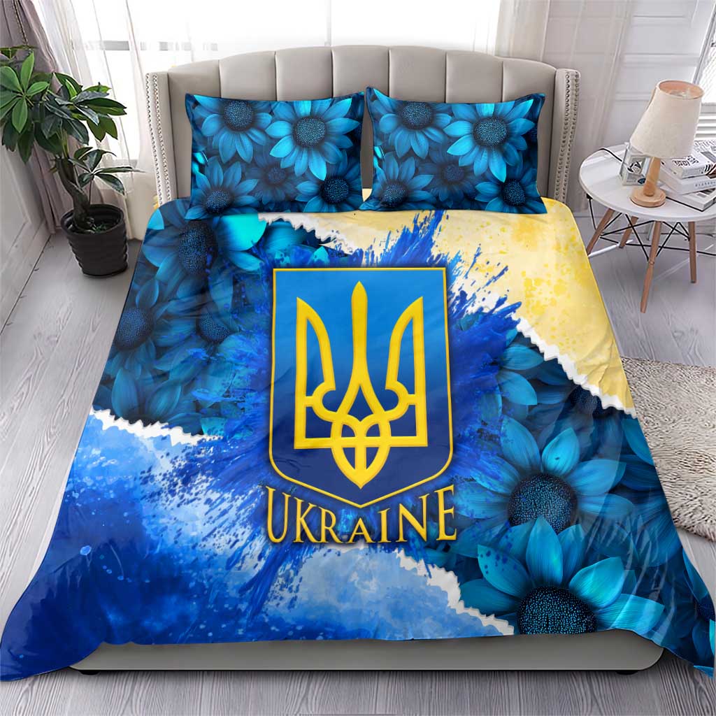 Trident Emblem Ukraine Bedding Set with Blue Sunflowers and Flag Colors Design