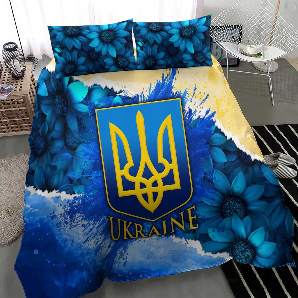 Trident Emblem Ukraine Bedding Set with Blue Sunflowers and Flag Colors Design