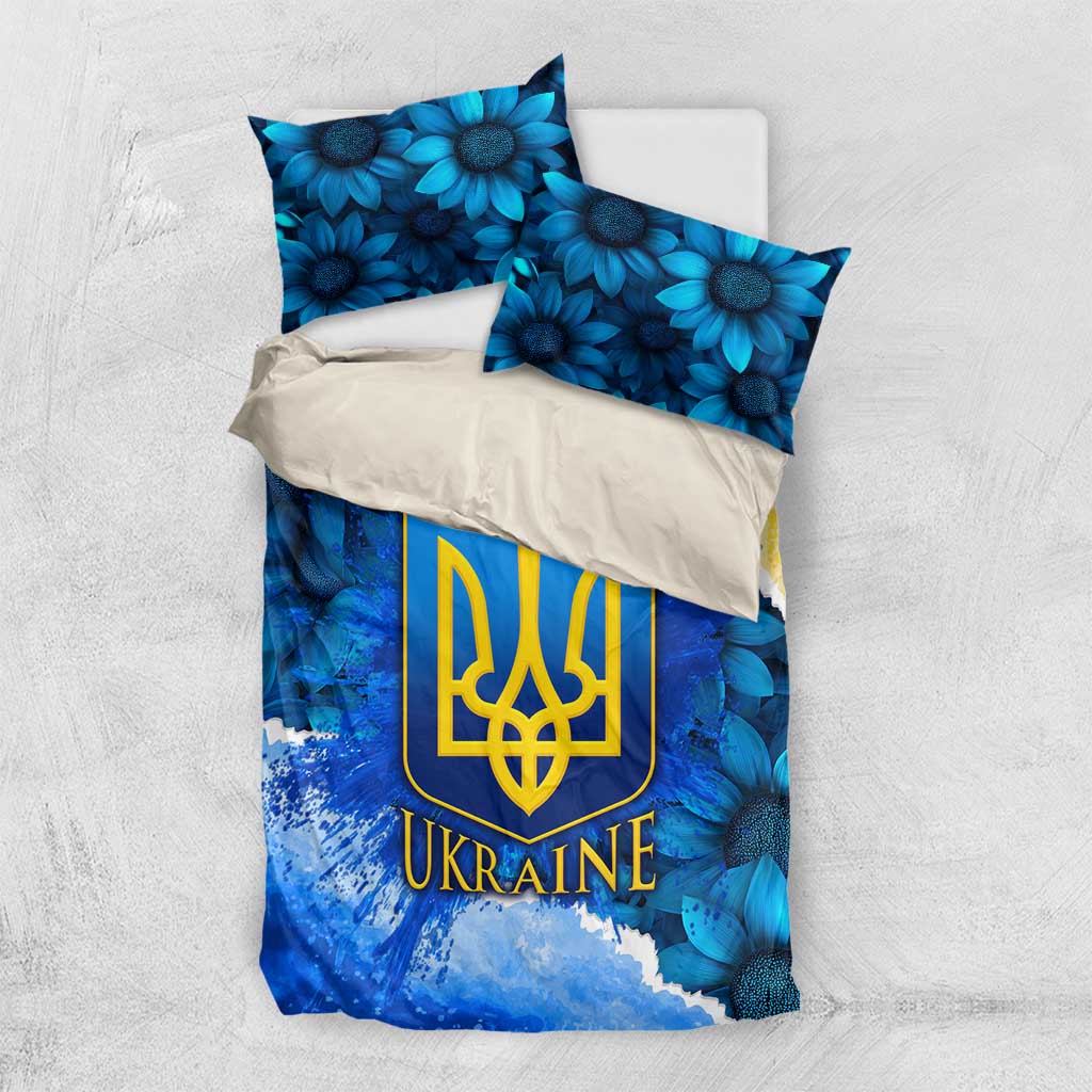 Trident Emblem Ukraine Bedding Set with Blue Sunflowers and Flag Colors Design