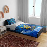 Trident Emblem Ukraine Bedding Set with Blue Sunflowers and Flag Colors Design