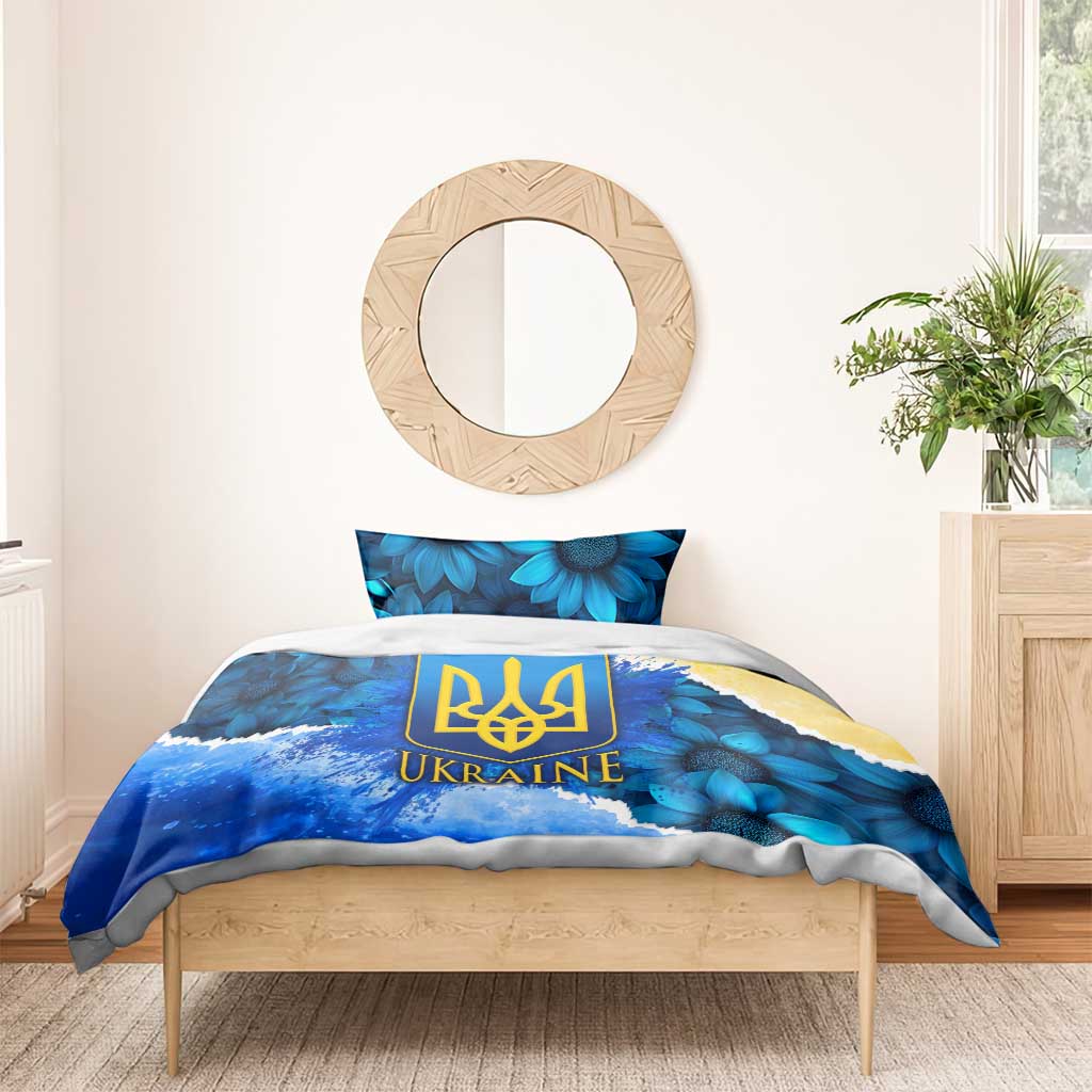 Trident Emblem Ukraine Bedding Set with Blue Sunflowers and Flag Colors Design