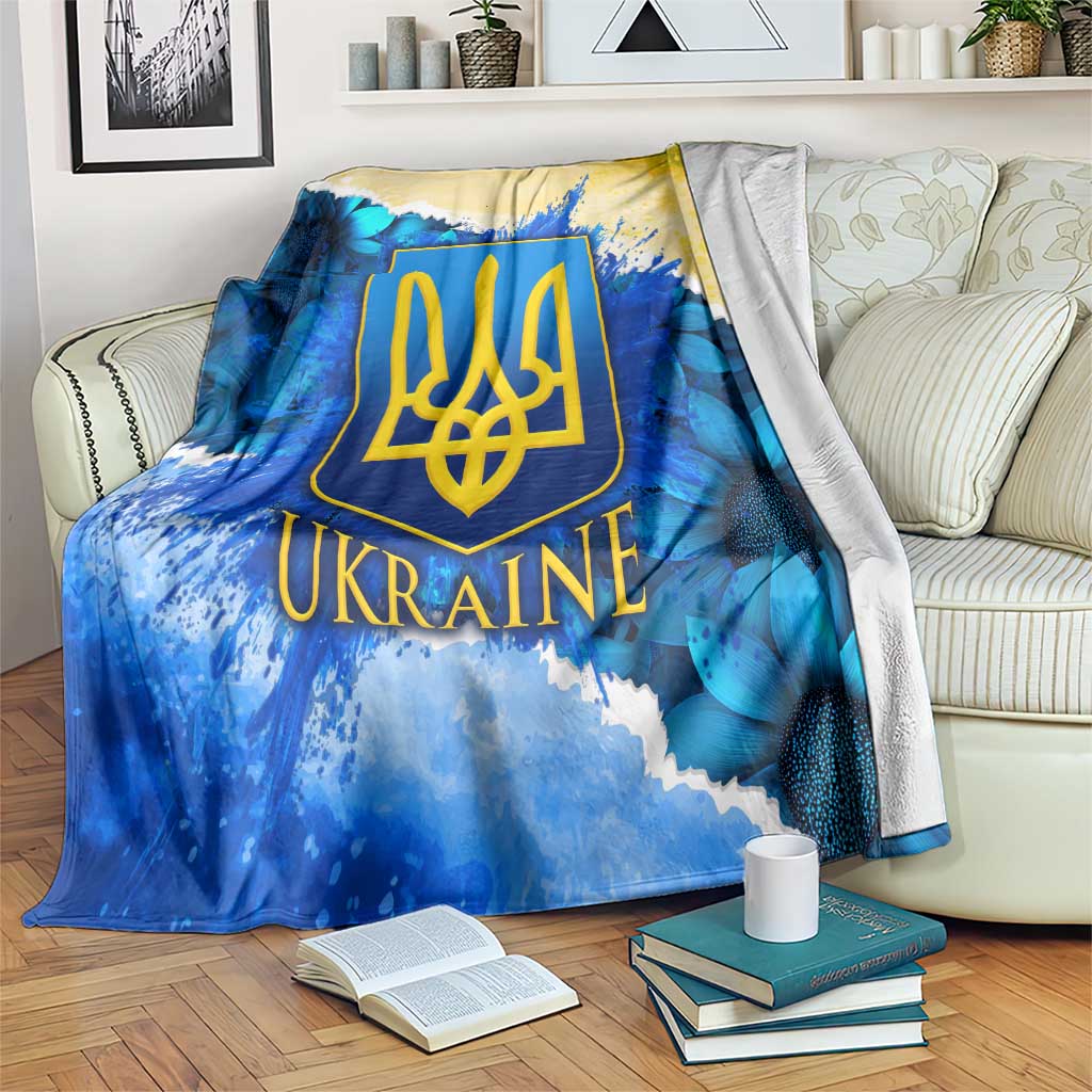 Trident Emblem Ukraine Blanket with Blue Sunflowers and Flag Colors Design