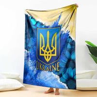 Trident Emblem Ukraine Blanket with Blue Sunflowers and Flag Colors Design