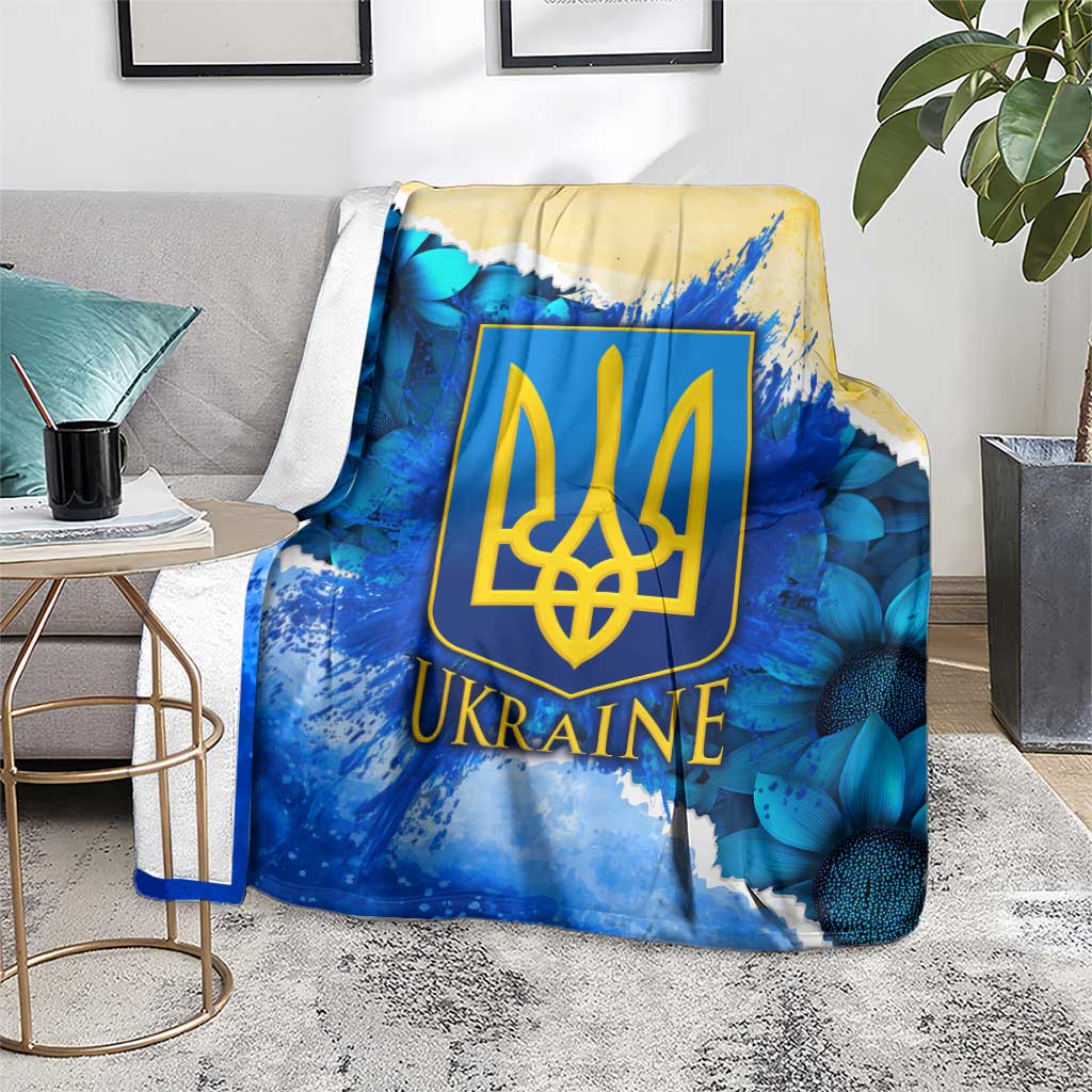 Trident Emblem Ukraine Blanket with Blue Sunflowers and Flag Colors Design