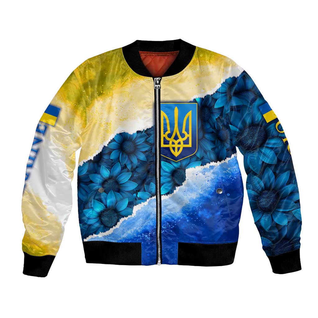 Trident Emblem Ukraine Bomber Jacket with Blue Sunflowers and Flag Colors Design