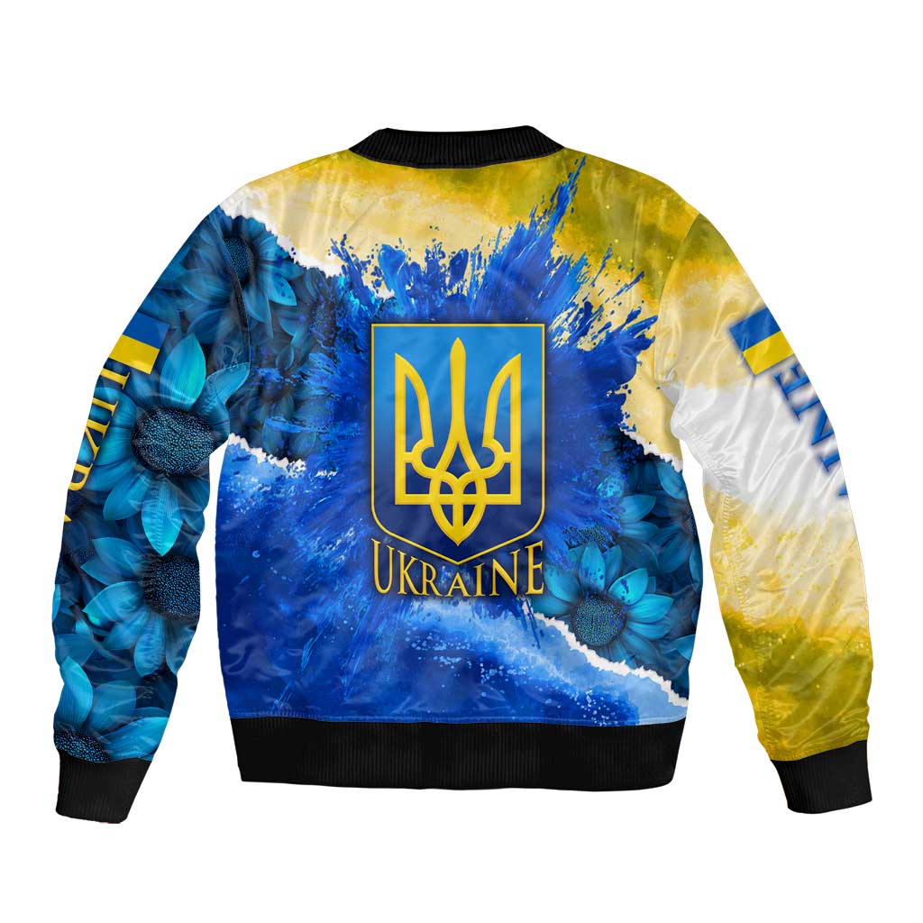 Trident Emblem Ukraine Bomber Jacket with Blue Sunflowers and Flag Colors Design