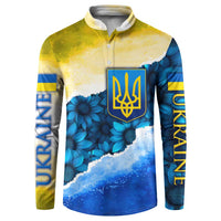 Trident Emblem Ukraine Button Sweatshirt with Blue Sunflowers and Flag Colors Design