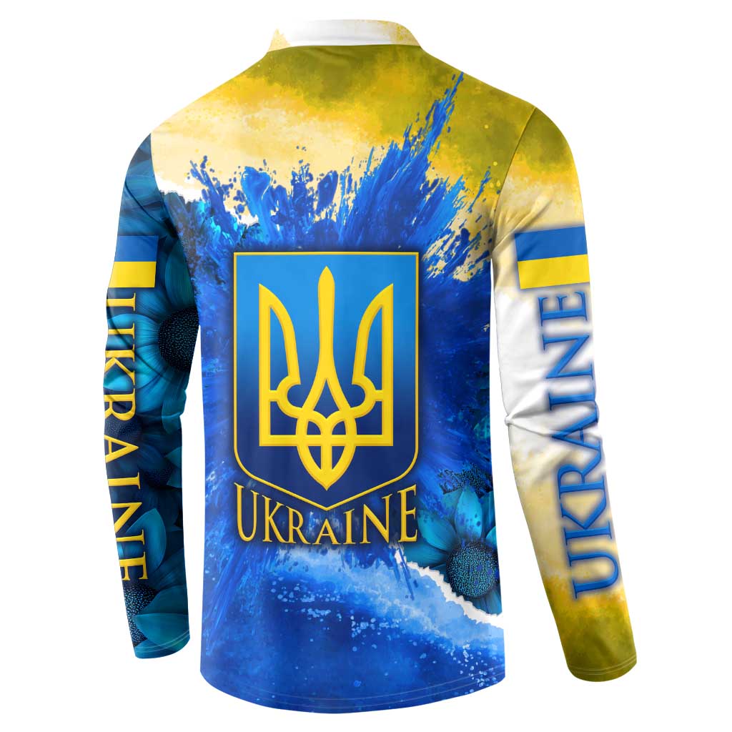Trident Emblem Ukraine Button Sweatshirt with Blue Sunflowers and Flag Colors Design