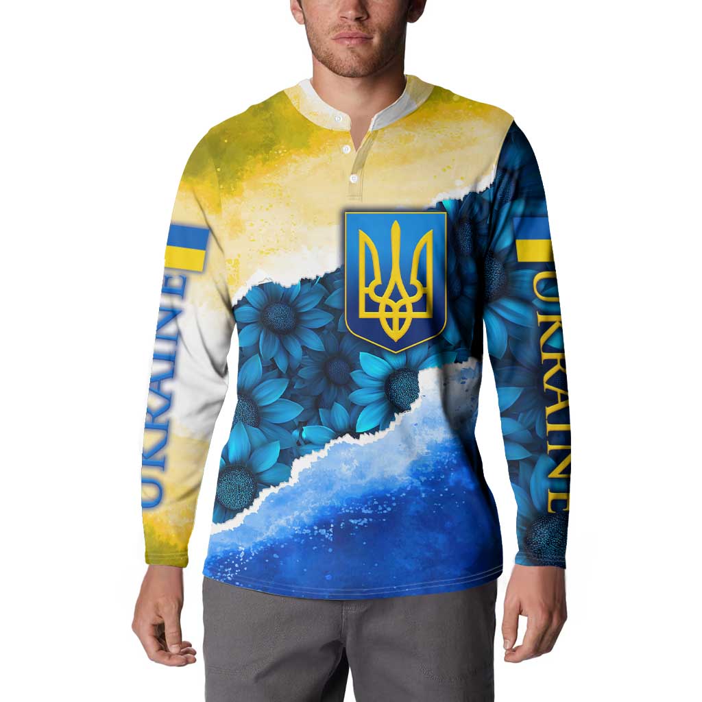 Trident Emblem Ukraine Button Sweatshirt with Blue Sunflowers and Flag Colors Design