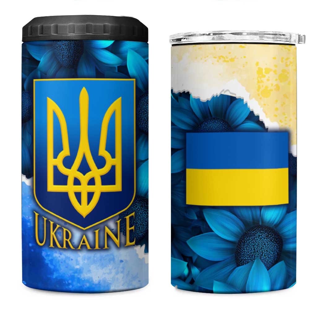 Trident Emblem Ukraine 4 in 1 Can Cooler Tumbler with Blue Sunflowers and Flag Colors Design