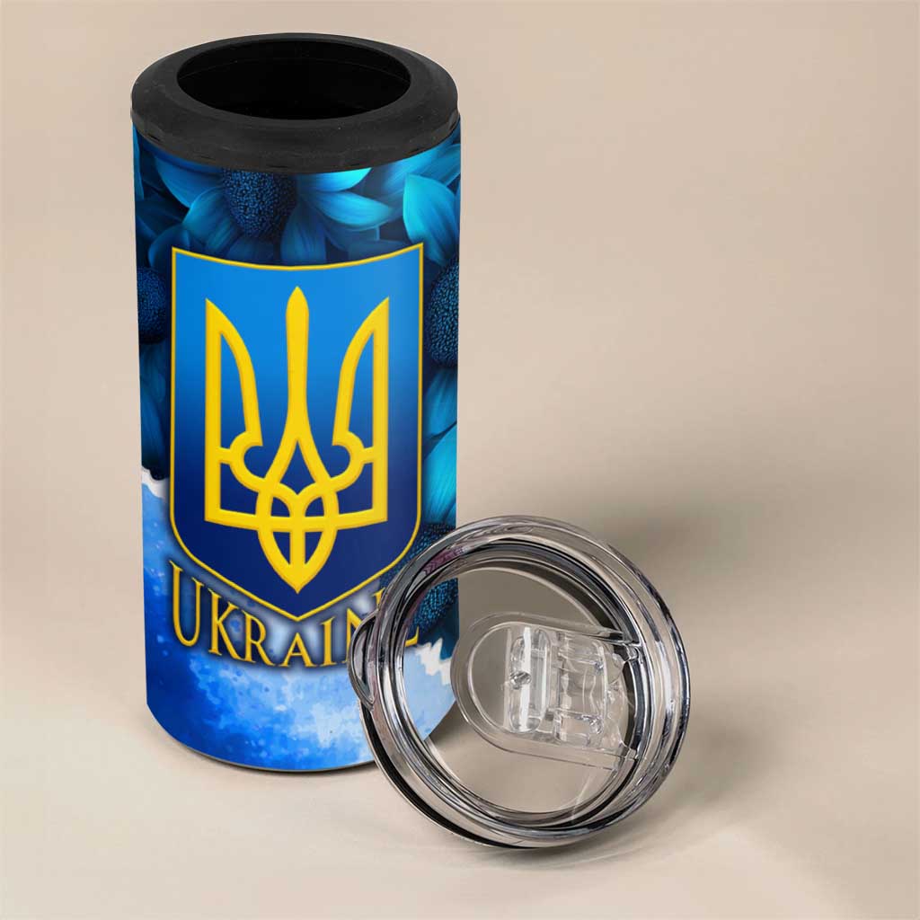 Trident Emblem Ukraine 4 in 1 Can Cooler Tumbler with Blue Sunflowers and Flag Colors Design