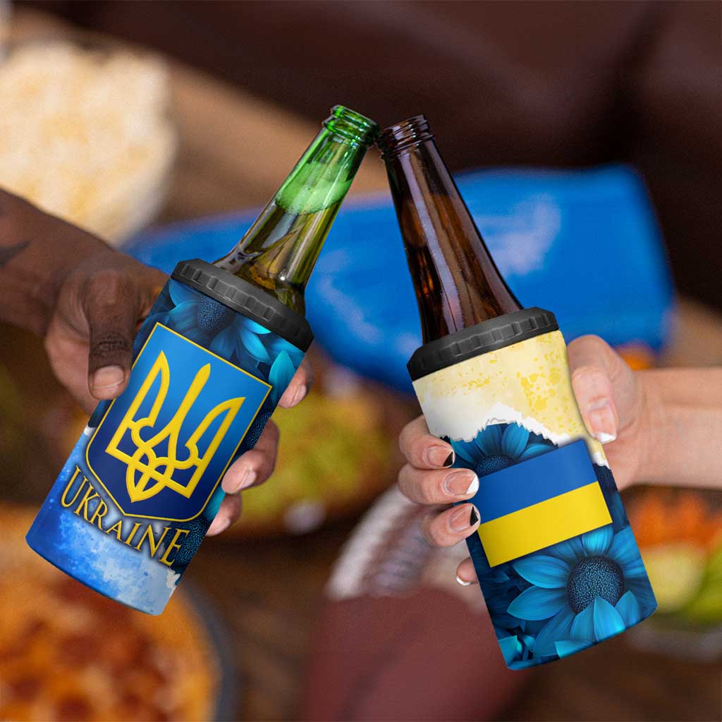 Trident Emblem Ukraine 4 in 1 Can Cooler Tumbler with Blue Sunflowers and Flag Colors Design
