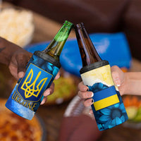 Trident Emblem Ukraine 4 in 1 Can Cooler Tumbler with Blue Sunflowers and Flag Colors Design