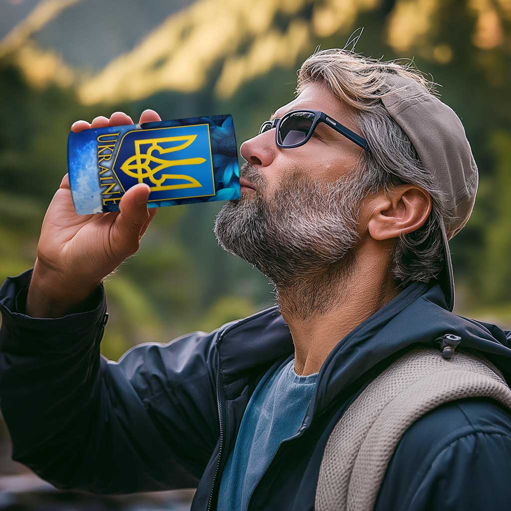 Trident Emblem Ukraine 4 in 1 Can Cooler Tumbler with Blue Sunflowers and Flag Colors Design