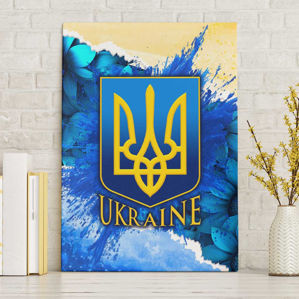 Trident Emblem Ukraine Canvas Wall Art with Blue Sunflowers and Flag Colors Design