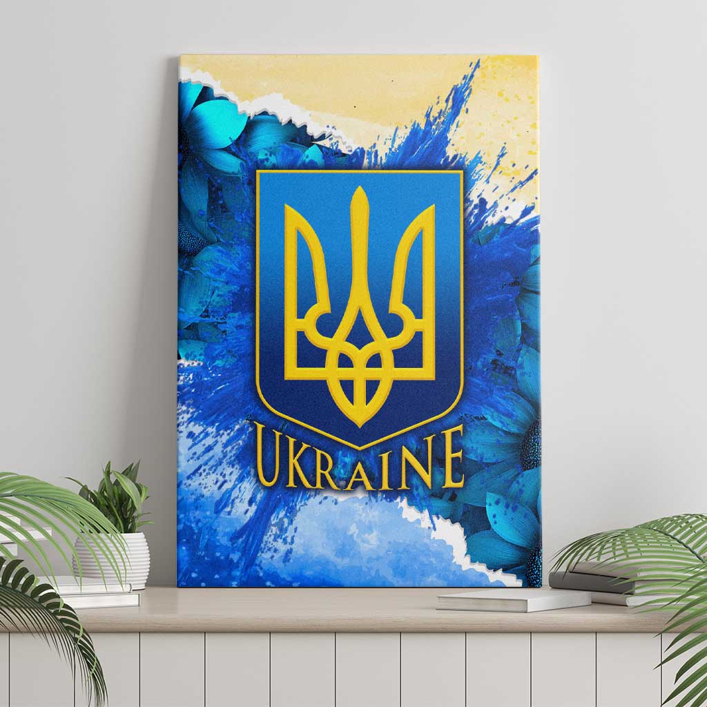Trident Emblem Ukraine Canvas Wall Art with Blue Sunflowers and Flag Colors Design