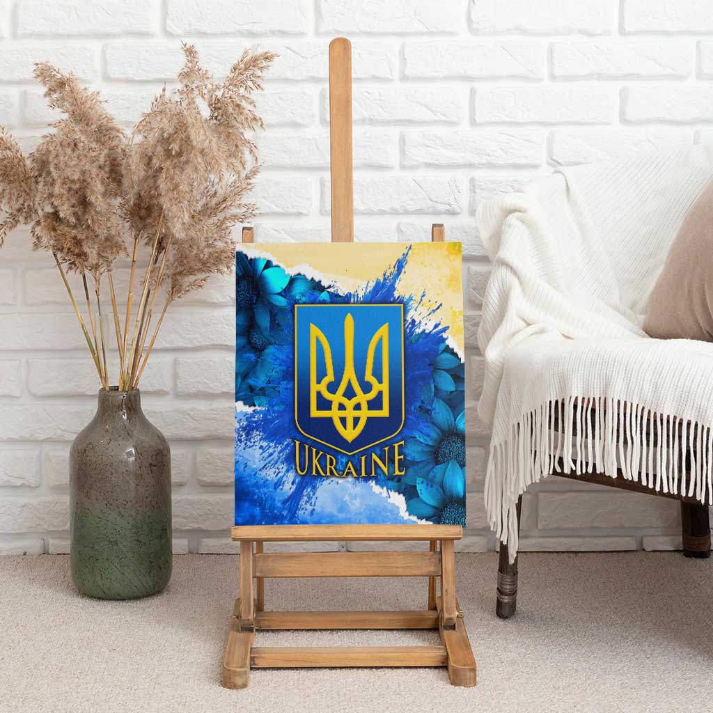 Trident Emblem Ukraine Canvas Wall Art with Blue Sunflowers and Flag Colors Design