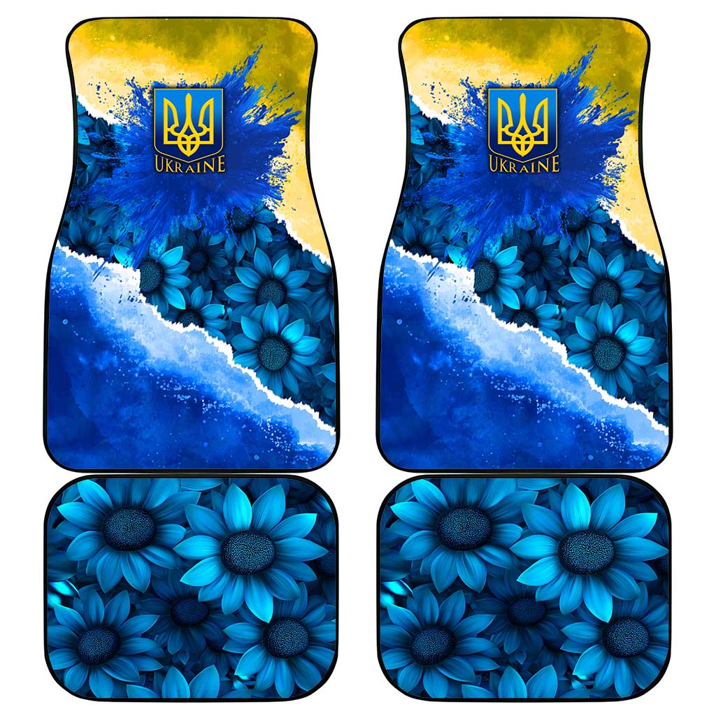 Trident Emblem Ukraine Car Mats with Blue Sunflowers and Flag Colors Design