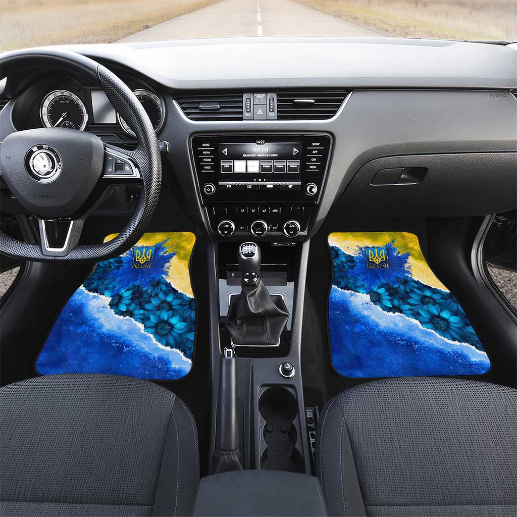Trident Emblem Ukraine Car Mats with Blue Sunflowers and Flag Colors Design