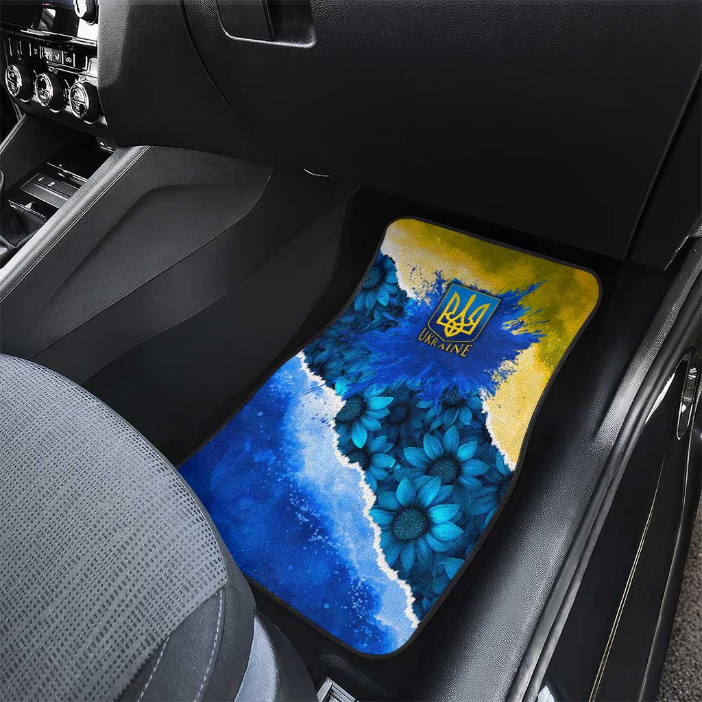 Trident Emblem Ukraine Car Mats with Blue Sunflowers and Flag Colors Design