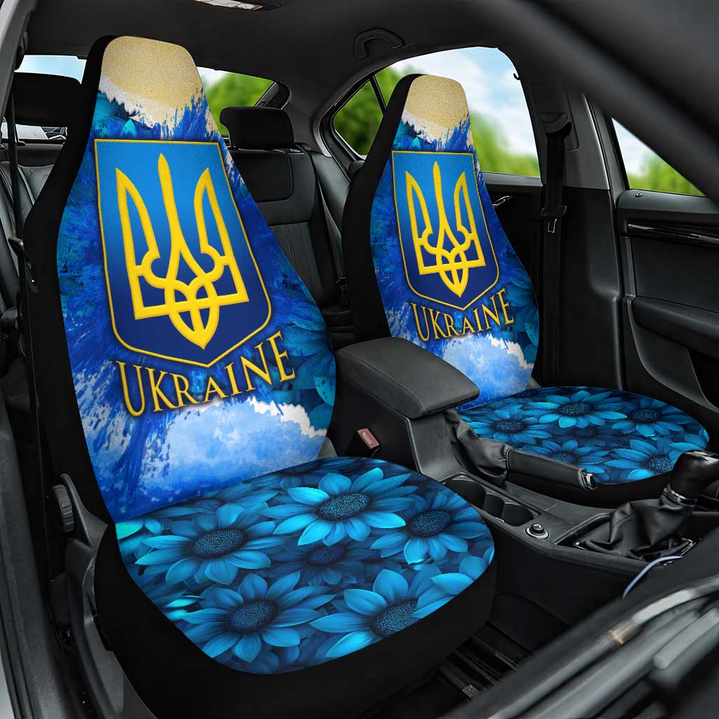 Trident Emblem Ukraine Car Seat Cover with Blue Sunflowers and Flag Colors Design