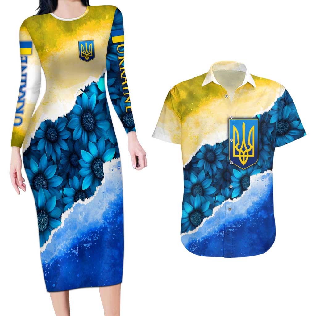 Trident Emblem Ukraine Couples Matching Long Sleeve Bodycon Dress and Hawaiian Shirt with Blue Sunflowers and Flag Colors Design