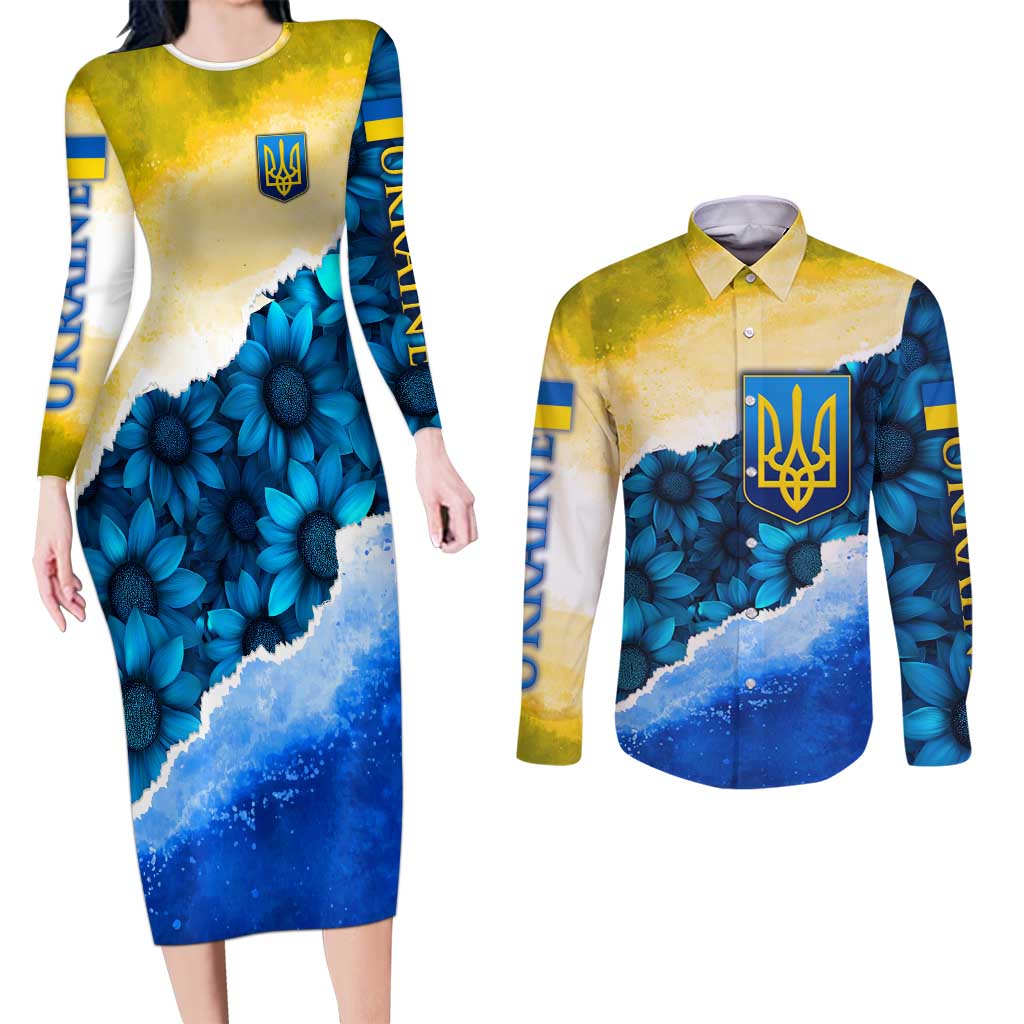 Trident Emblem Ukraine Couples Matching Long Sleeve Bodycon Dress and Long Sleeve Button Shirt with Blue Sunflowers and Flag Colors Design