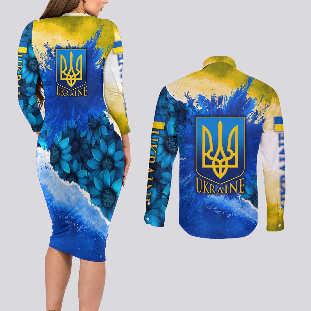 Trident Emblem Ukraine Couples Matching Long Sleeve Bodycon Dress and Long Sleeve Button Shirt with Blue Sunflowers and Flag Colors Design