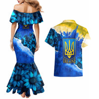 Trident Emblem Ukraine Couples Matching Mermaid Dress and Hawaiian Shirt with Blue Sunflowers and Flag Colors Design
