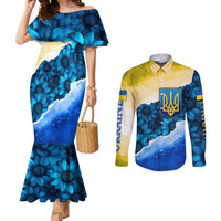 Trident Emblem Ukraine Couples Matching Mermaid Dress and Long Sleeve Button Shirt with Blue Sunflowers and Flag Colors Design