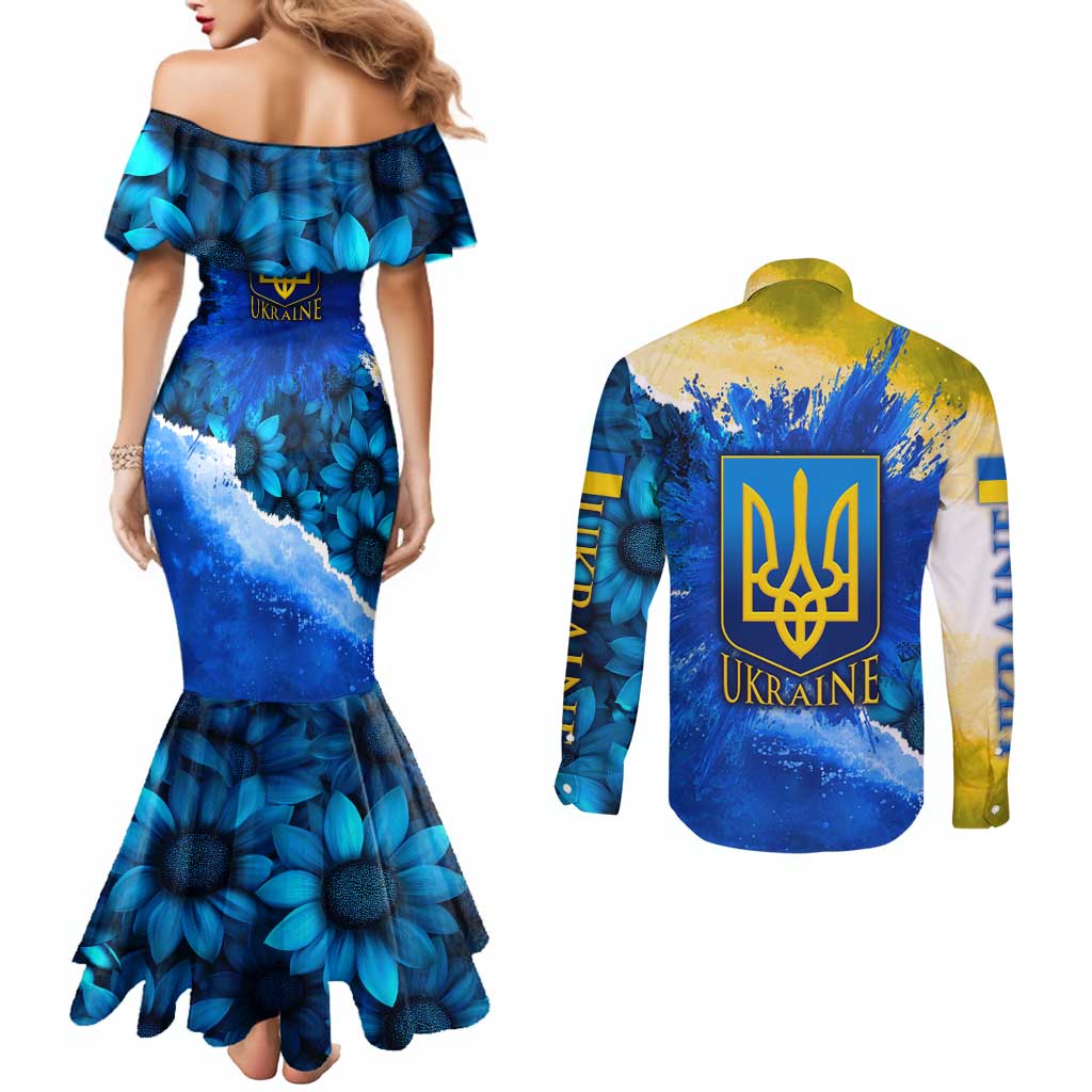 Trident Emblem Ukraine Couples Matching Mermaid Dress and Long Sleeve Button Shirt with Blue Sunflowers and Flag Colors Design