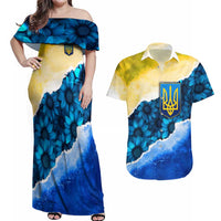 Trident Emblem Ukraine Couples Matching Off Shoulder Maxi Dress and Hawaiian Shirt with Blue Sunflowers and Flag Colors Design