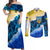 Trident Emblem Ukraine Couples Matching Off Shoulder Maxi Dress and Long Sleeve Button Shirt with Blue Sunflowers and Flag Colors Design