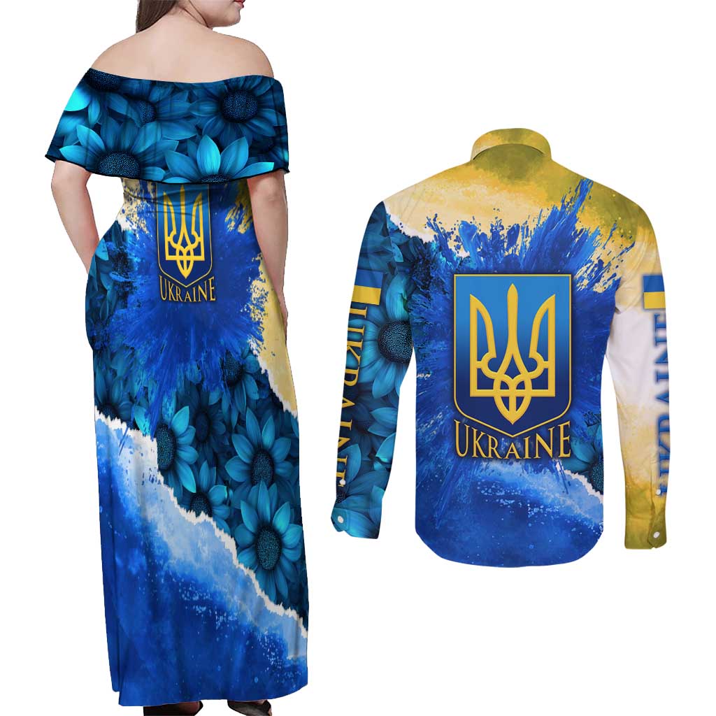 Trident Emblem Ukraine Couples Matching Off Shoulder Maxi Dress and Long Sleeve Button Shirt with Blue Sunflowers and Flag Colors Design