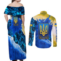 Trident Emblem Ukraine Couples Matching Off Shoulder Maxi Dress and Long Sleeve Button Shirt with Blue Sunflowers and Flag Colors Design
