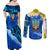 Trident Emblem Ukraine Couples Matching Off Shoulder Maxi Dress and Long Sleeve Button Shirt with Blue Sunflowers and Flag Colors Design
