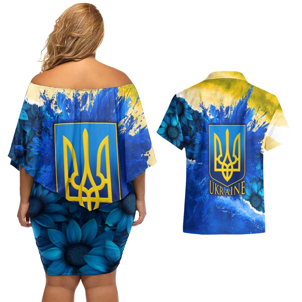 Trident Emblem Ukraine Couples Matching Off Shoulder Short Dress and Hawaiian Shirt with Blue Sunflowers and Flag Colors Design