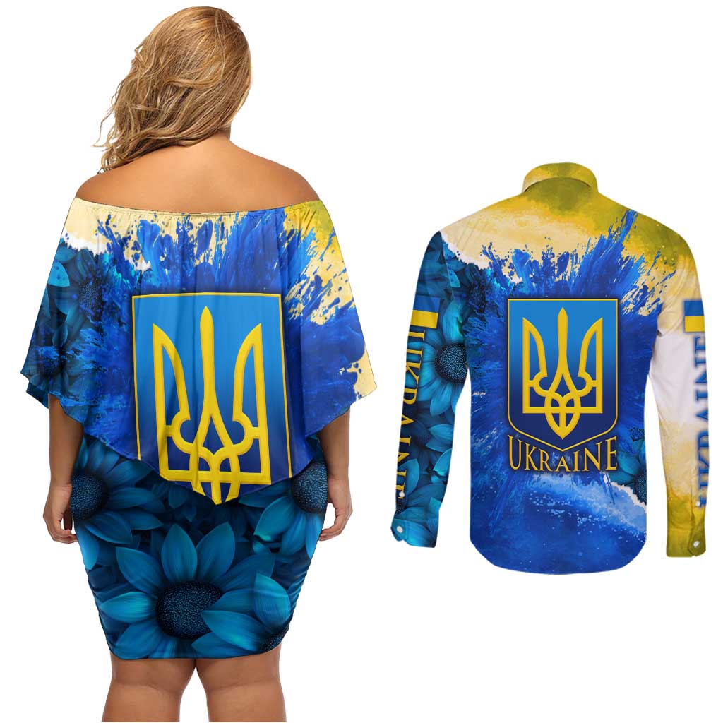 Trident Emblem Ukraine Couples Matching Off Shoulder Short Dress and Long Sleeve Button Shirt with Blue Sunflowers and Flag Colors Design