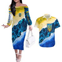 Trident Emblem Ukraine Couples Matching Off The Shoulder Long Sleeve Dress and Hawaiian Shirt with Blue Sunflowers and Flag Colors Design