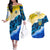 Trident Emblem Ukraine Couples Matching Off The Shoulder Long Sleeve Dress and Hawaiian Shirt with Blue Sunflowers and Flag Colors Design
