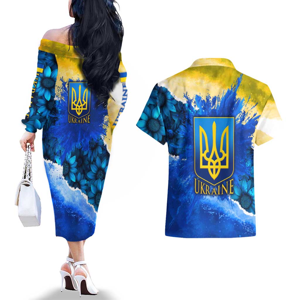 Trident Emblem Ukraine Couples Matching Off The Shoulder Long Sleeve Dress and Hawaiian Shirt with Blue Sunflowers and Flag Colors Design