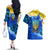 Trident Emblem Ukraine Couples Matching Off The Shoulder Long Sleeve Dress and Hawaiian Shirt with Blue Sunflowers and Flag Colors Design