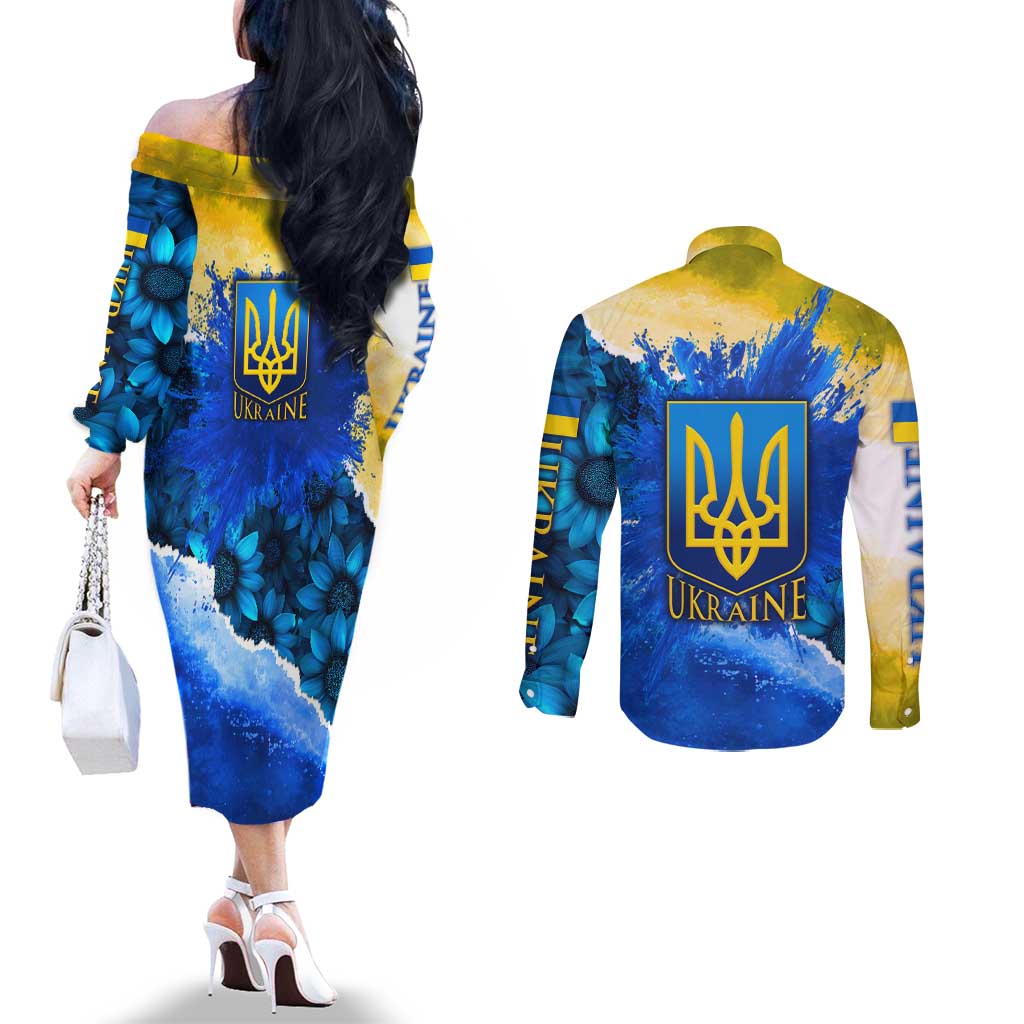 Trident Emblem Ukraine Couples Matching Off The Shoulder Long Sleeve Dress and Long Sleeve Button Shirt with Blue Sunflowers and Flag Colors Design